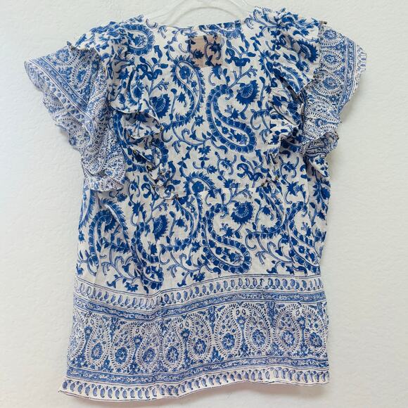 Hunter Bell Silk Blend Tassel Tie Floral Paisley Boho Blouse Blue White Small - Picture 2 of 6